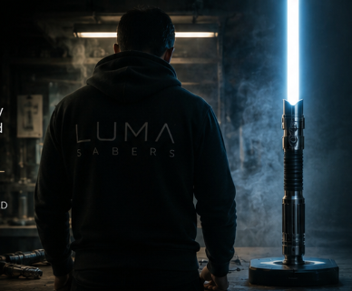 lumasabers owner designing a replica star wars neopixel lightsaber in a room