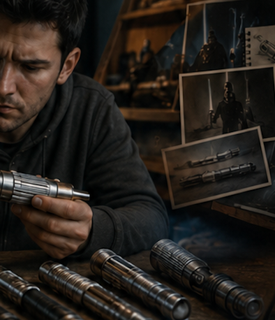 A man in a dark hoodie examines a metallic cylindrical object in a workshop, with several similar metallic items on a table and printed concept photos in the background.