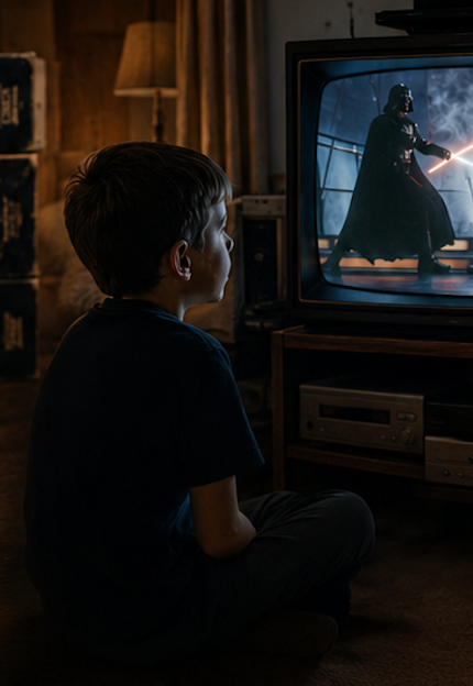 A young boy sits in a room watching a vintage television set that displays Darth Vader with a glowing lightsaber.